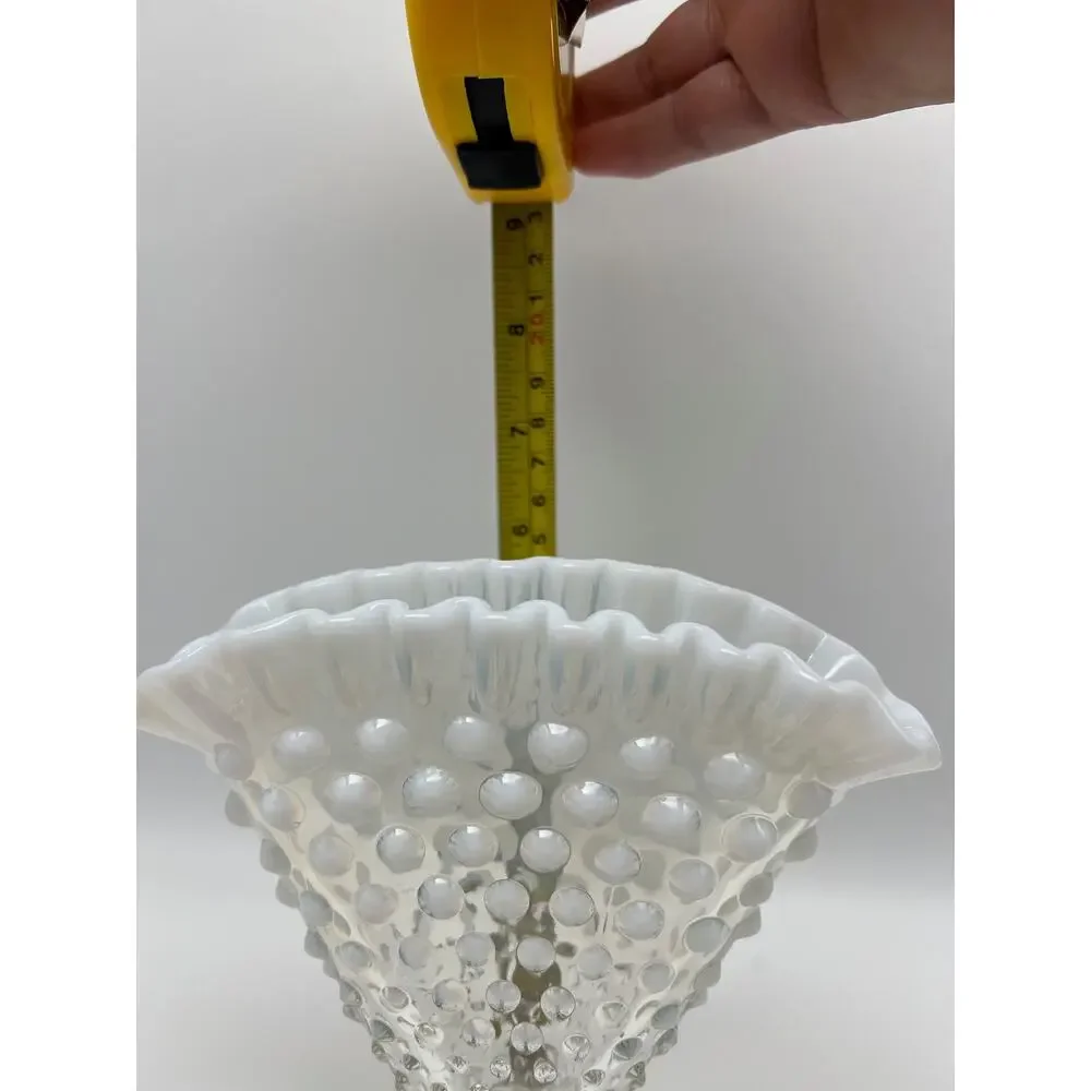 Vintage‎ Fenton White Clear Opalescent Rim Hobnail 1950s Fan Glass Vase 6x6